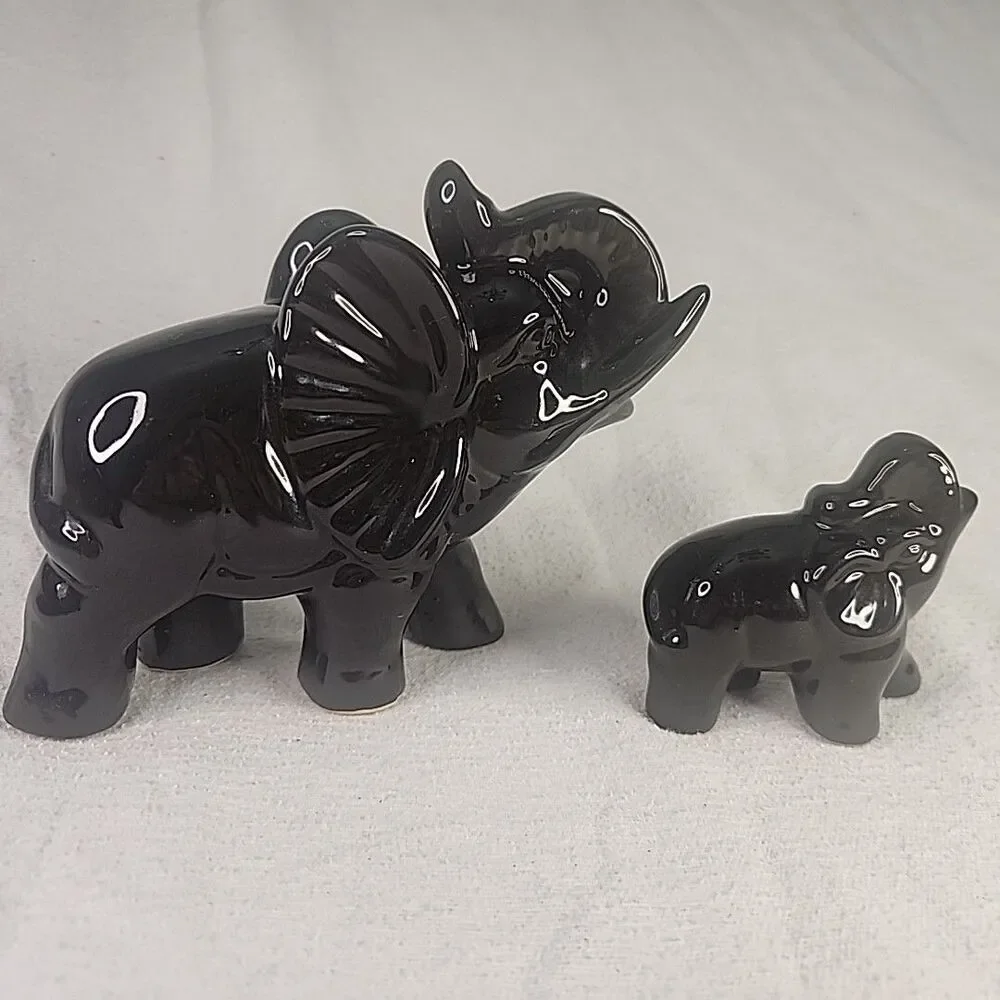 Elephant Figurine Black Ceramic Mother Baby Trunks Up Glossy Vintage MCM